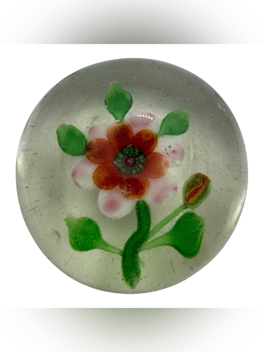 Vintage Chinese Flower Glass Paperweight 3" Orange Pink Green Leaves Bud Design